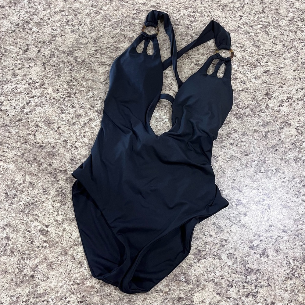 Becca by Rebecca Virtue Cutout Plunge One Piece Swimsuit Black Size M